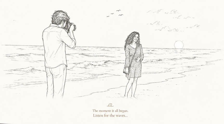A pencil sketch of the moment it all began beside the waves.